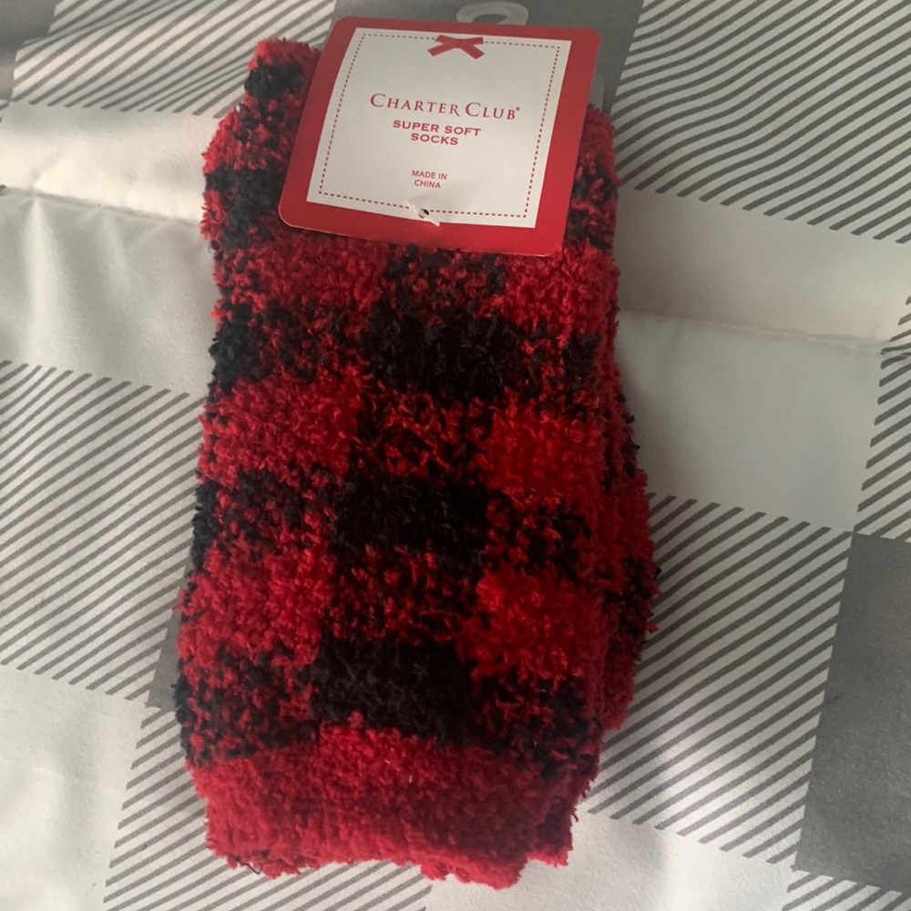 Charter Club red buffalo plaid soft fuzzy women’s socks